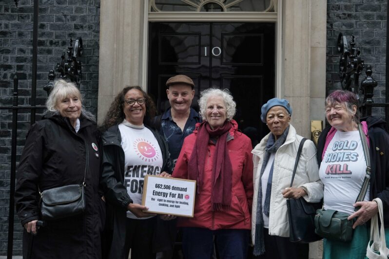 6 FPA members outside 10 Downing St with a box of petitions for e4a signed by 662,506 people